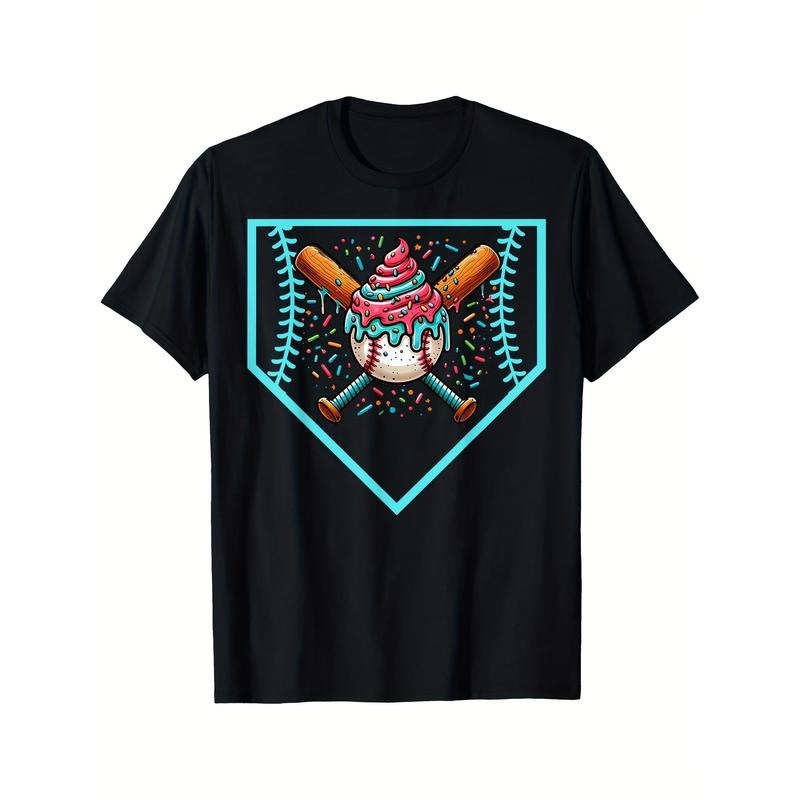 Baseball Home Plate Drip Ice Cream Softball & Baseball Print T-Shirt For Men And Boys - Premium Quality, Casual, Short Sleeve, Crew Neck, Comfortable, Classic Fit, Gifts - Summer Casual Street Wear Essential - 220g made in usa