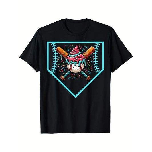 Baseball Home Plate Drip Ice Cream Softball & Baseball Print T-Shirt For Men And Boys - Premium Quality, Casual, Short Sleeve, Crew Neck, Comfortable, Classic Fit, Gifts - Summer Casual Street Wear Essential - 220g made in usa