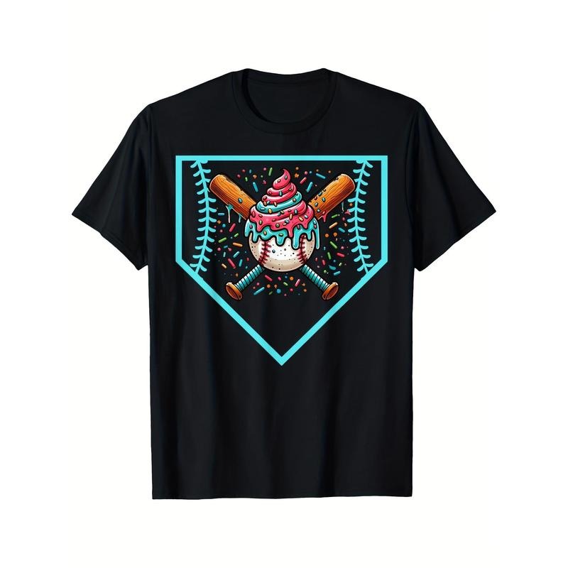 Baseball Home Plate Drip Ice Cream Softball & Baseball Print T-Shirt for Men And -Premium Quality, Casual, Short Sleeve, Crew Neck, Comfortable, Classic Fit, Gifts-Summer Casual Street Wear Essential-220G made in usa