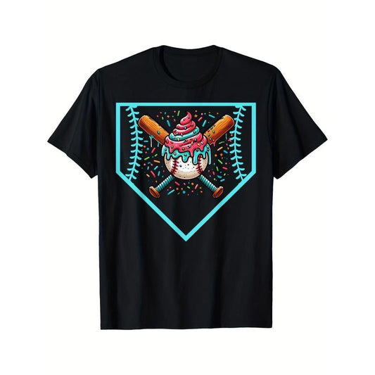 Baseball Home Plate Drip Ice Cream Softball & Baseball Print T-Shirt for Men And -Premium Quality, Casual, Short Sleeve, Crew Neck, Comfortable, Classic Fit, Gifts-Summer Casual Street Wear Essential-220G made in usa