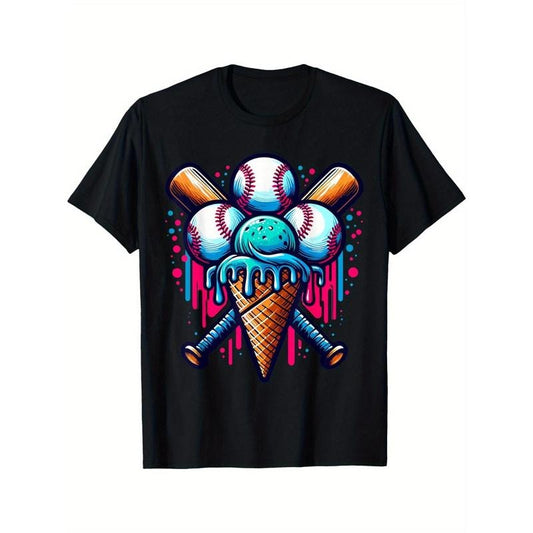 Baseball Ice Cream Watercolor Sports enthusiast Ice Cream Cone Tee, suitable for children, soft fabric, breathable, comfortable short sleeve Tee, from toddler birthday to children's clothing made in usa