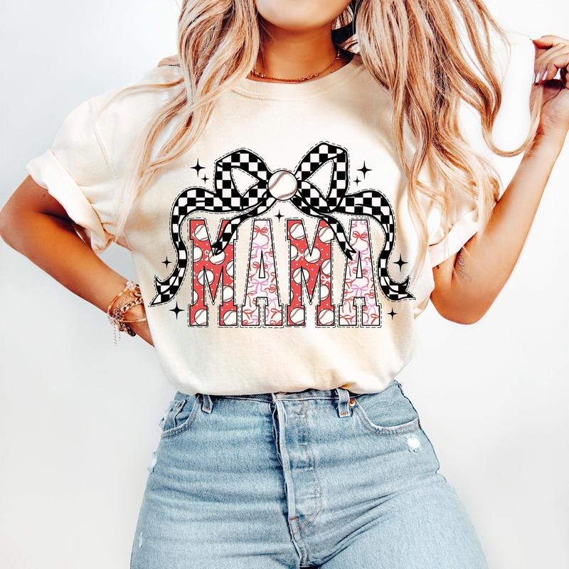 Baseball Mama T-Shirt, Baseball Coquette T-Shirt, Game Day T-Shirt, Baseball Bow T-Shirt, Checkered Baseball Mom T-Shirt, Mama Varsity T-Shirt, Retro Baseball T-Shirt