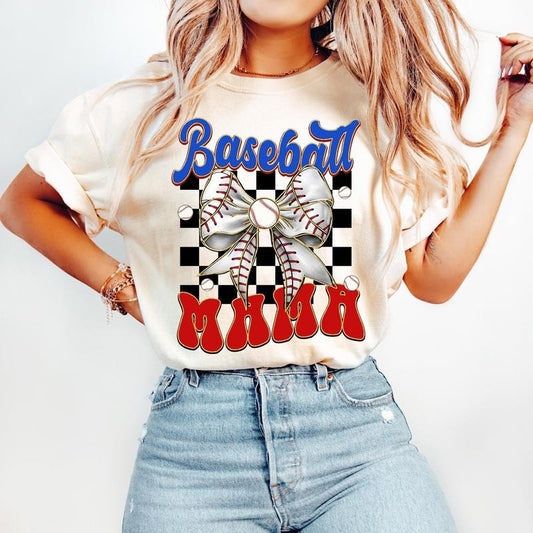 Baseball Mama T-Shirt, Game Day Baseball Coquette T-Shirt, Baseball Bow T-Shirt, Retro Baseball T-Shirt, Checker Baseball Mom T-Shirt, Girly Baseball T-Shirt