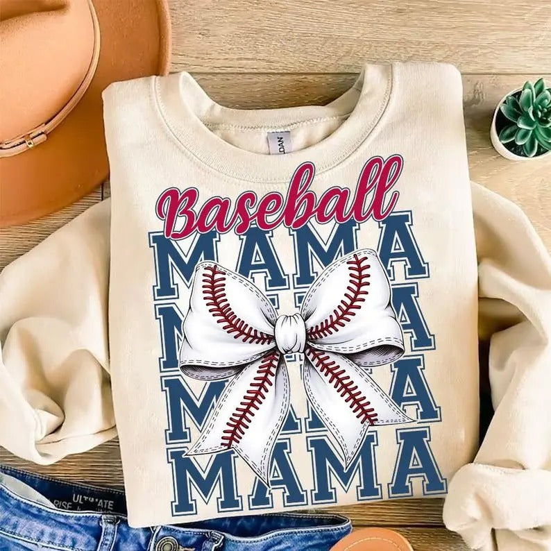 Baseball Mama , Baseball Coquette Bow , Baseball Mom , Retro Baseball , Game Day , Coquette Bow Sports Sweatshirt
