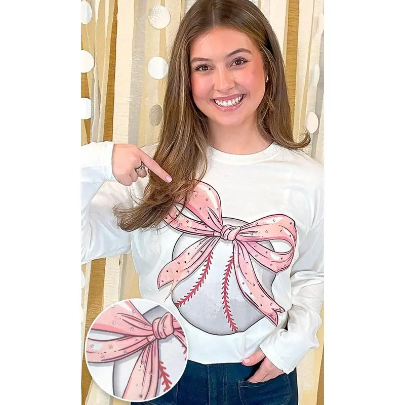 Baseball Pink Bow Rhinestone Graphic Long Sleeve Shirt