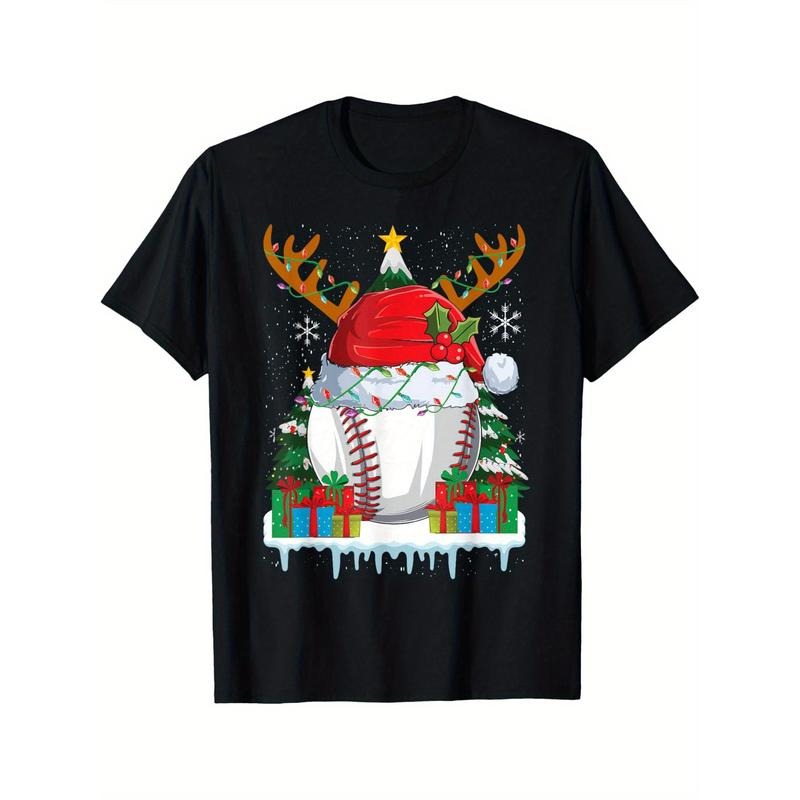 Baseball Santa Hat Funny Sport Boys Men Baseball Christmas Men's T-shirt personality print pattern, casual round neck short sleeve, comfortable version of cotton short sleeve, four seasons can wear 220g made in usa