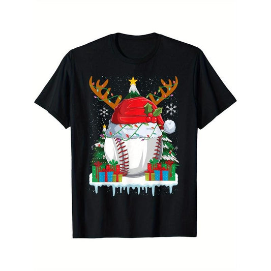 Baseball Santa Hat Funny Sport Boys Men Baseball Christmas Men's T-shirt personality print pattern, casual round neck short sleeve, comfortable version of cotton short sleeve, four seasons can wear 220g made in usa