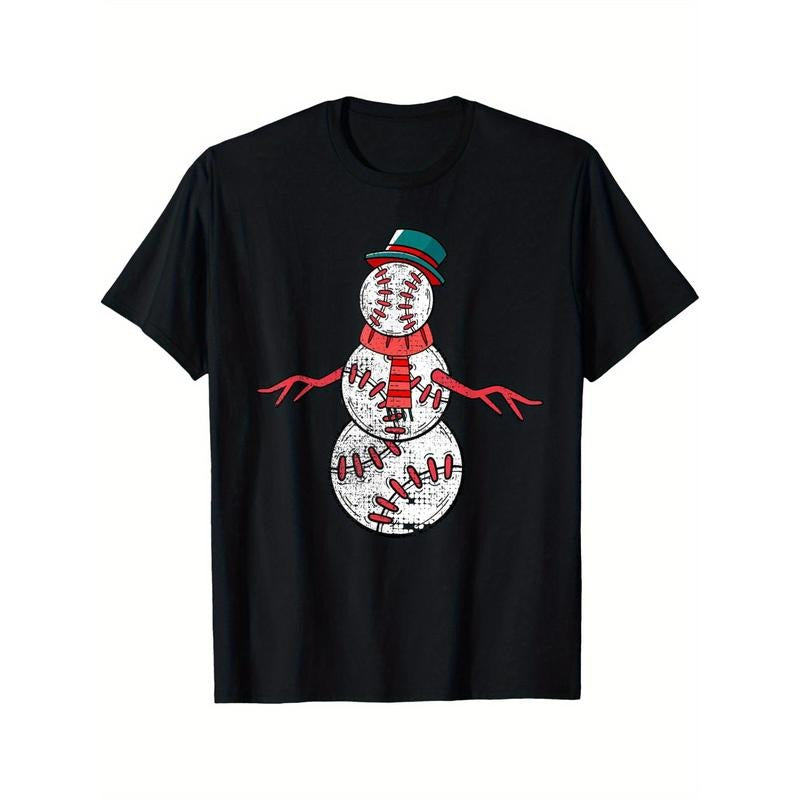 Baseball Snowman Baseball Lover Christmas T-Shirt Men's T-shirt Funny pattern, Casual and comfortable round neck cotton short sleeve, four seasons can wear 220g made in usa