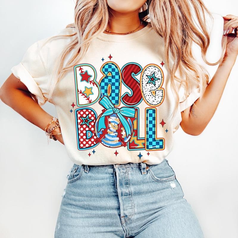 Baseball T-Shirt, Game Day Baseball T-Shirt, Retro Baseball Bow T-Shirt, Baseball Mama T-Shirt, Baseball Mom T-Shirt, Brushstroke Baseball T-Shirt,Hand Drawn Doodle