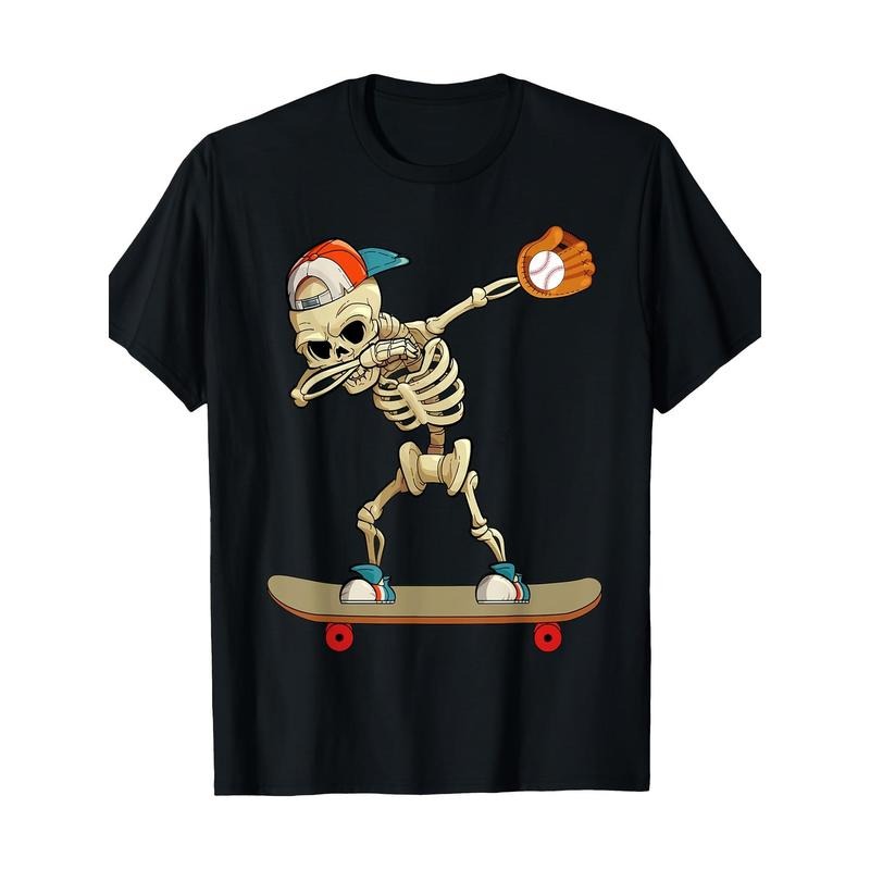 Baseball skateboard Skeleton Funny T-shirt 100% cotton T-shirt Made in USA