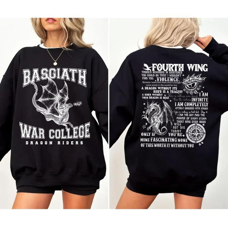 Basgiath War College 2 Sided Sweatshirt, Fourth Wing Sweatshirt, Dragon Sweatshirt, Fantasy Reader Shirt, Bookish Gifts, Dragon Rider Pullover Tee