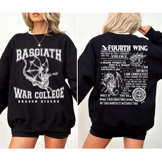 Basgiath War College 2 Sided Sweatshirt, Fourth Wing Sweatshirt, Dragon Sweatshirt, Fantasy Reader Shirt, Bookish Gifts, Dragon Rider Pullover Tee