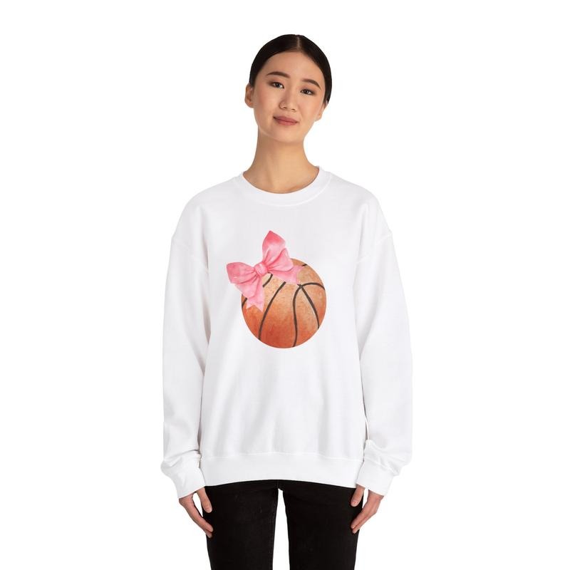Basketball And Bow Sweatshirt, Stylish Coquette Aesthetic For Basketball Mom Or Girlfriend, Basketball Lovers Shirt, Unisex Sweatshirt, Gifts For Her Friends, Long Sleeve Crewneck Shirt, Women Gifts Sweater, Gifts For Birthday Fit Womenswear