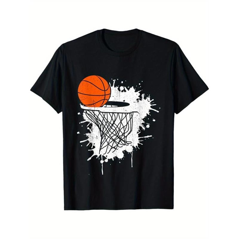 Basketball Printed, Men's Cotton T-shirt, Casual Short Sleeve Round Neck Tee, Soft Comfortable Basketball Players Top, Sports Lover T-Shirt made in usastyle{n002}18