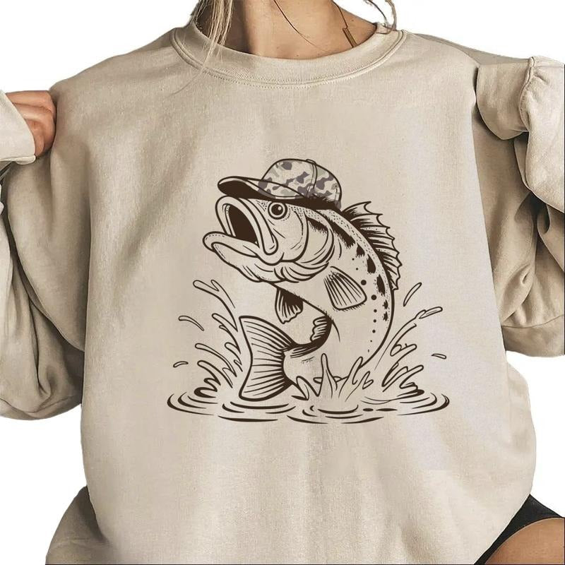Bass Fish with Camo Hat Sweatshirt Funny Fishing Rustic Fisherman Vintage Graphic Outdoor for T-Shirts Cotton Womenswear Day