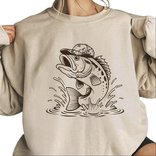 Bass Fish with Camo Hat Sweatshirt Funny Fishing Rustic Fisherman Vintage Graphic Outdoor for T-Shirts Cotton Womenswear Day