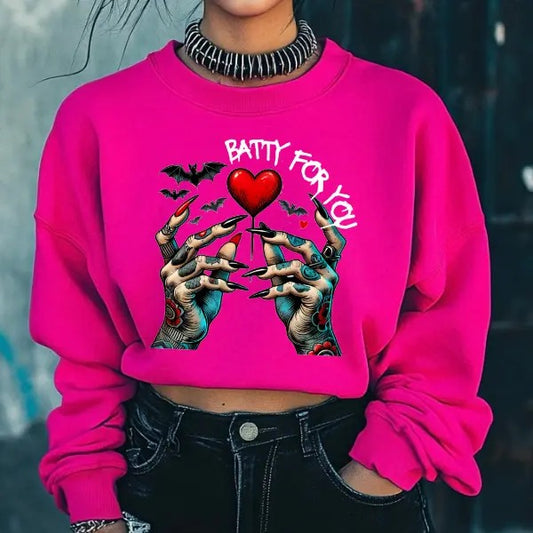 Batty for You Black or Heliconia Crewneck Sweatshirt, T Shirt, or Hoodie Pullover | Punk, Alt, Grunge, Goth, Skeleton Style, Valentine's Day Gift