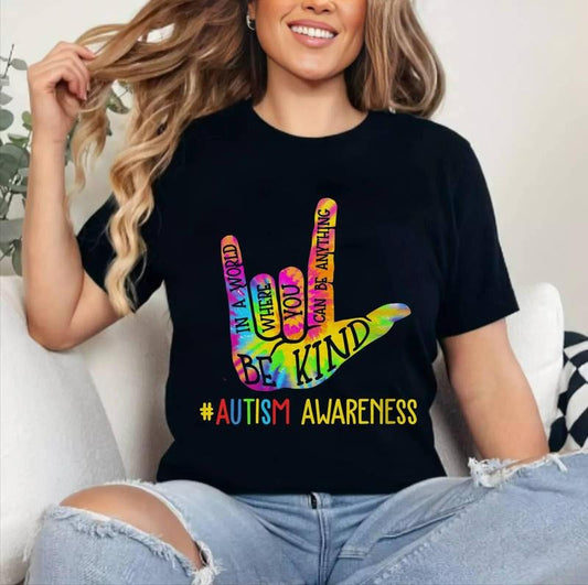 Be Kind ASL Love Sign Language Hand Autism Awareness Tie Dye T-Shirt , Cotton 100%, Top Womenswear