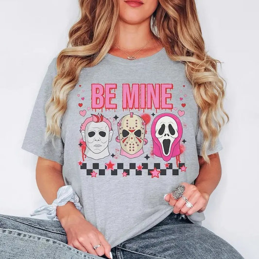 Be mine valentine tshirt, horror movie tshirt, funny Valentines Day graphic tee, pink spooky shirt, scary characters characters