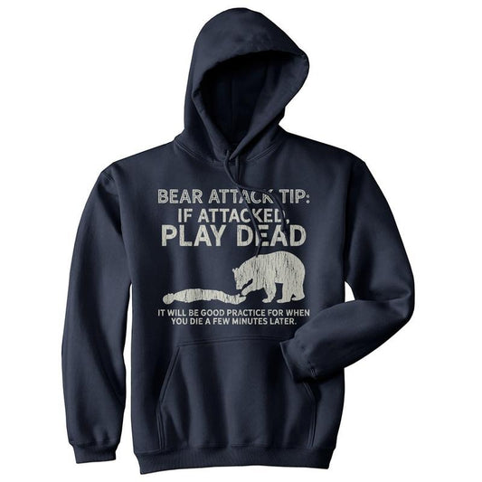 Bear Attack Tip Unisex Hoodie Funny Camping Hiking Outdoor Adventure Hooded Sweatshirt Funny Hoodies Sarcastic Hoodie Funny Animal Pullover Novelty Sweatshirt Navy -
