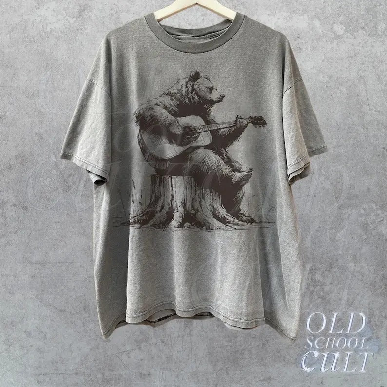 Bear Playing Guitar Retro Shirt, Vintage Funny Animal Shirt, Music Shirt, Bear Lovers Gift, Mens Oversized Cotton Tee,Cute Funny Guitar Gift