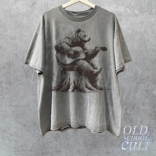 Bear Playing Guitar Retro Shirt, Vintage Funny Animal Shirt, Music Shirt, Bear Lovers Gift, Mens Oversized Cotton Tee,Cute Funny Guitar Gift