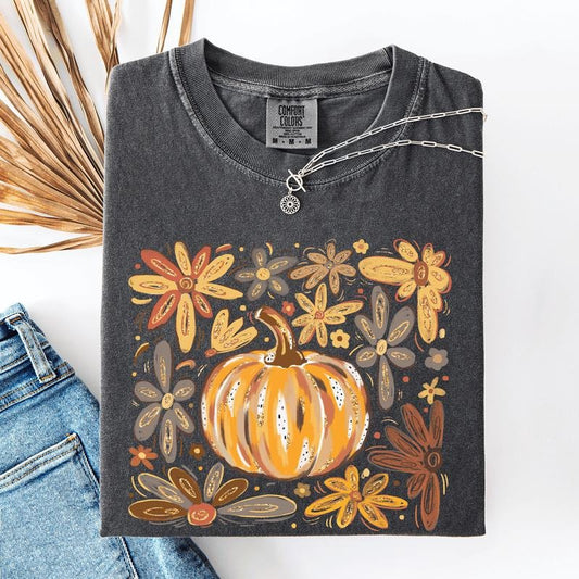 Beautiful Pumpkin Autumn Flowers, Fall, Floral, Watercolor, Comfort Colors T-Shirt