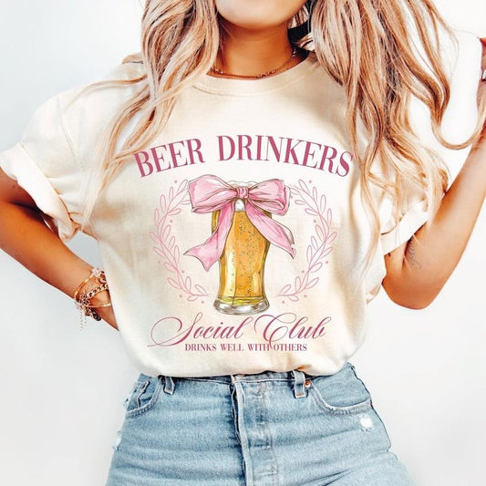 Beer Drinkers Social Club T shirt,beer coquette T shirt girly beer pink bow, Girls Club Bachelorette T shirt Trendy Shirt Design Summer ,Bride