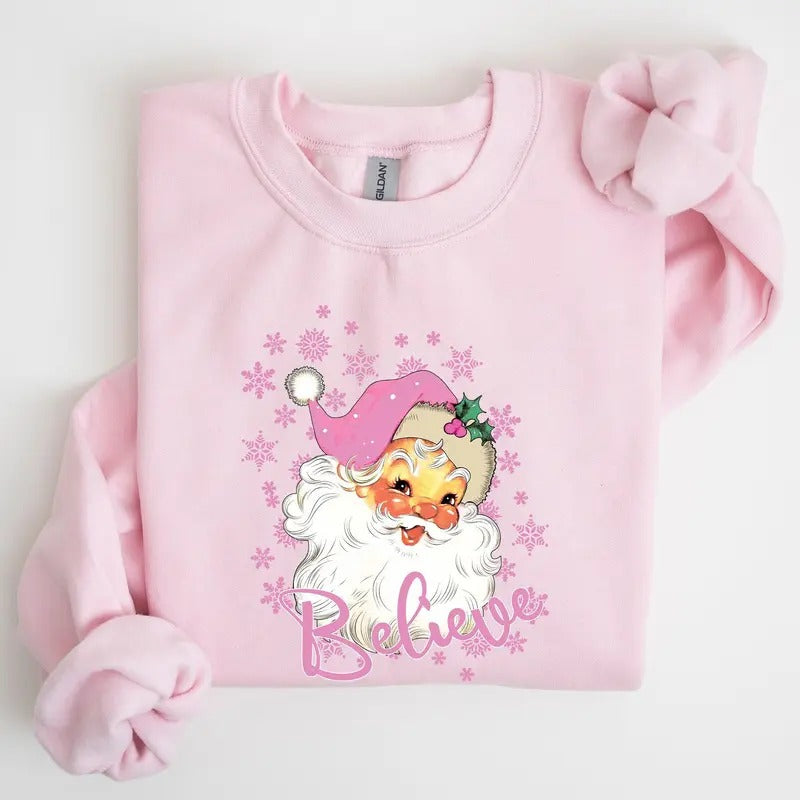 Believe, Pink Santa, Snowflakes, Christmas, Winter, Snow, Xmas Sweatshirt, Women's Crew Neck, Crewneck