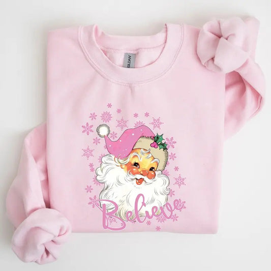 Believe, Pink Santa, Snowflakes, Christmas, Winter, Snow, Xmas Sweatshirt, Women's Crew Neck, Crewneck