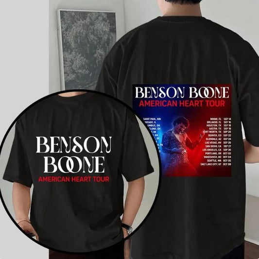 Benson Boone Double-Sided Tour Tee - 2025 American Heart, Unisex - Shop Now! Cotton Fabric