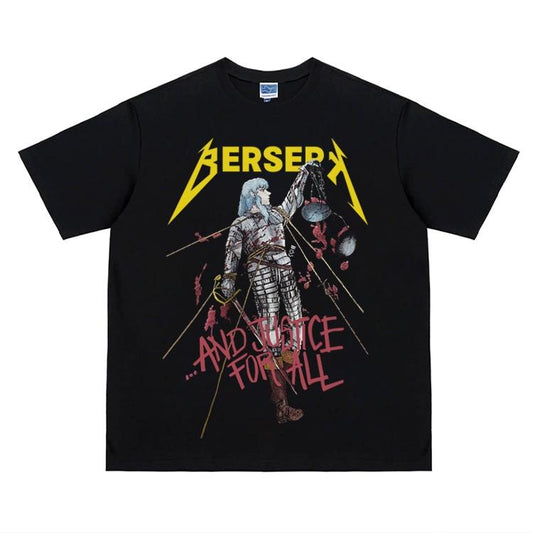 Berserk "AND JUSTICE FOR ALL" Heavyweight Vintage Tee 100% Cotton OVERSIZED Anime T-shirt Menswear Top Crew Necks Tshirt Casual Streetwear Black Crewneck Tropical Shortsleeve Baggy Loose