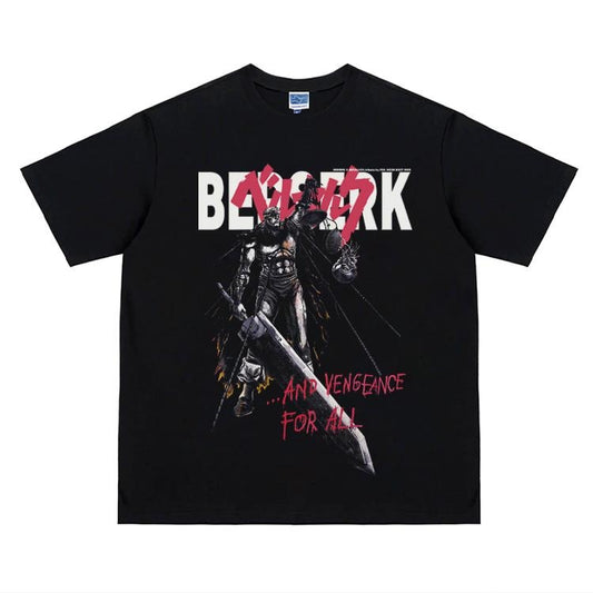 Berserk "AND VENGEANCE FOR ALL" Heavyweight Vintage Tee 100% Cotton OVERSIZED Anime T-shirt Menswear Top Crew Necks Tshirt Casual Streetwear Black Crewneck Tropical Shortsleeve Baggy Loose