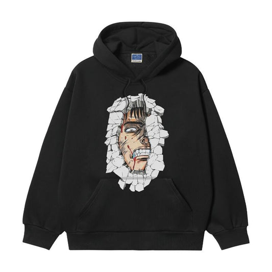 Berserk "Broken Guts" Heavyweight Vintage Hoodie Cotton Blend Classic Anime Sweatshirt Menswear Tops Pullover Long Sleeve Casual Biker Black Wetsuit Baggy