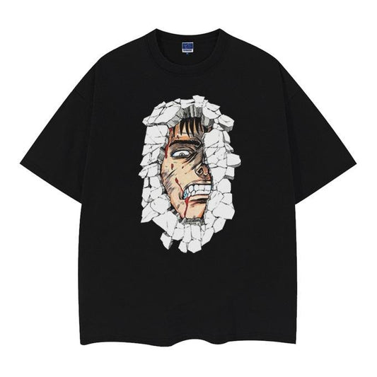 Berserk "Broken Guts" Heavyweight Vintage Tee 100% Cotton OVERSIZED Anime T-shirt Men's Casual Cotton T-Shirt Menswear Top Tshirt Streetwear Crewneck Tropical Black Baggy Shortsleeve Loose