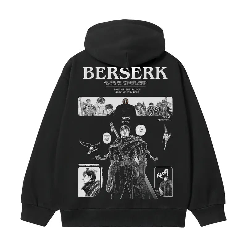 Berserk "Guts' Will" Heavyweight Vintage Hoodie Cotton Blend Classic Anime Sweatshirt Menswear Tops Pullover Long Sleeve Casual Biker Black Print