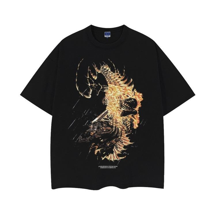 Berserk "Guts vs. Mozgus" Heavyweight Vintage Tee 100% Cotton OVERSIZED Anime T-shirt Menswear Top Crew Necks Tshirt Casual Streetwear Black Baggy Tropical Crewneck