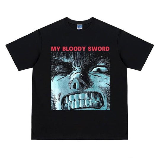 Berserk "My Bloody Sword" Heavyweight Vintage Tee 100% Cotton OVERSIZED Anime T-shirt Menswear Top Underwear Tshirt Crew Necks Streetwear Casual Tropical Black Crewneck Shortsleeve