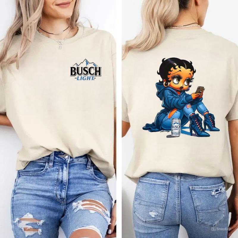 Betty Booop Shirt, Bussch Light Shirts, Girl Power Shirt, Unisex Classic Cotton Tee with 2 Sided Graphic Print in All Sizes, For Women, For Men