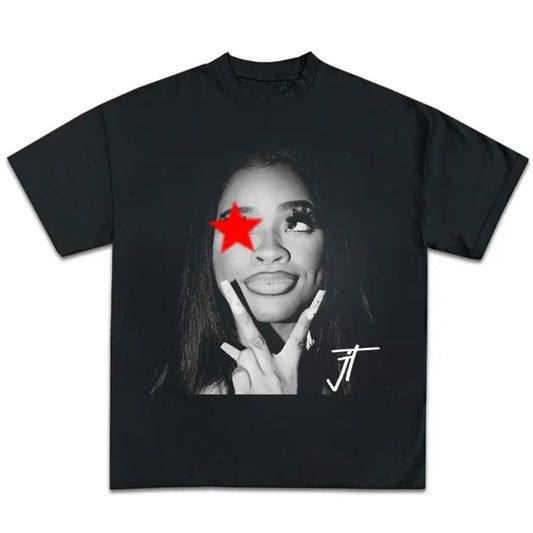 Big Face JT rapper Signature Red Star Graphic Tee Classic Cotton