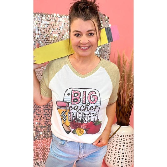 Big Teacher Energy Graphic Natural-Olive V-Neck