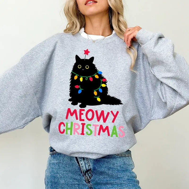 Black Cat Christmas Sweatshirt, Cat Christmas Sweatshirt, Cat Lover Xmas Shirt, Christmas Cat Mom Sweater, Catmas Christmas Gift, Xmas Christmas Crewneck, Winter Holiday Gift Shirt