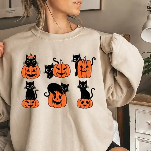 Black Cat Pumpkin Sweatshirt, Fall Sweatshirt, Halloween Sweatshirt, Black Cat Halloween Hoodie, Vintage Halloween Sweatshirt and Hoodie, Halloween Gift Idea for Cat Lovers