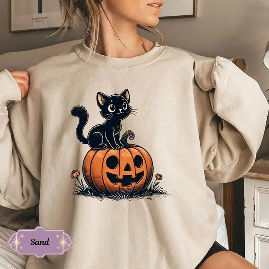 Black Cat Pumpkin Sweatshirt, Halloween Season Hoodie, Graphic Black Cat Halloween Hoodie, Vintage Halloween Hoodie, Spooky Season Sweater