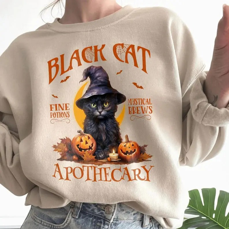 Black Cat Salem Apothecary Sweatshirt, Halloween Sweatshirt, Halloween Black Cat Sweatshirt, Retro Halloween Cat Shirt, Cat Mom Halloween Shirt