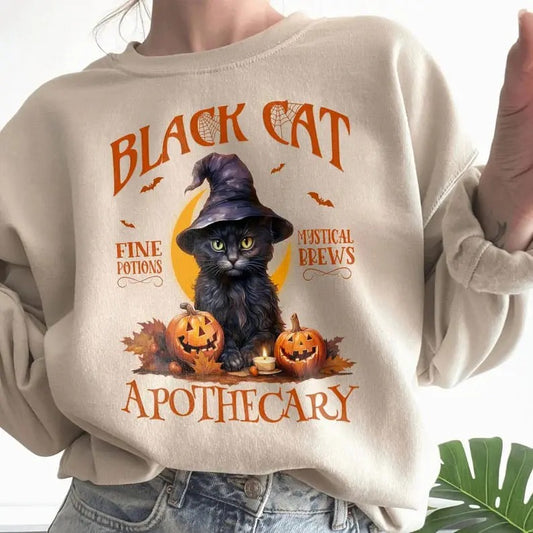 Black Cat Salem Apothecary Sweatshirt, Halloween Sweatshirt, Halloween Black Cat Sweatshirt, Retro Halloween Cat Shirt, Cat Mom Halloween Shirt