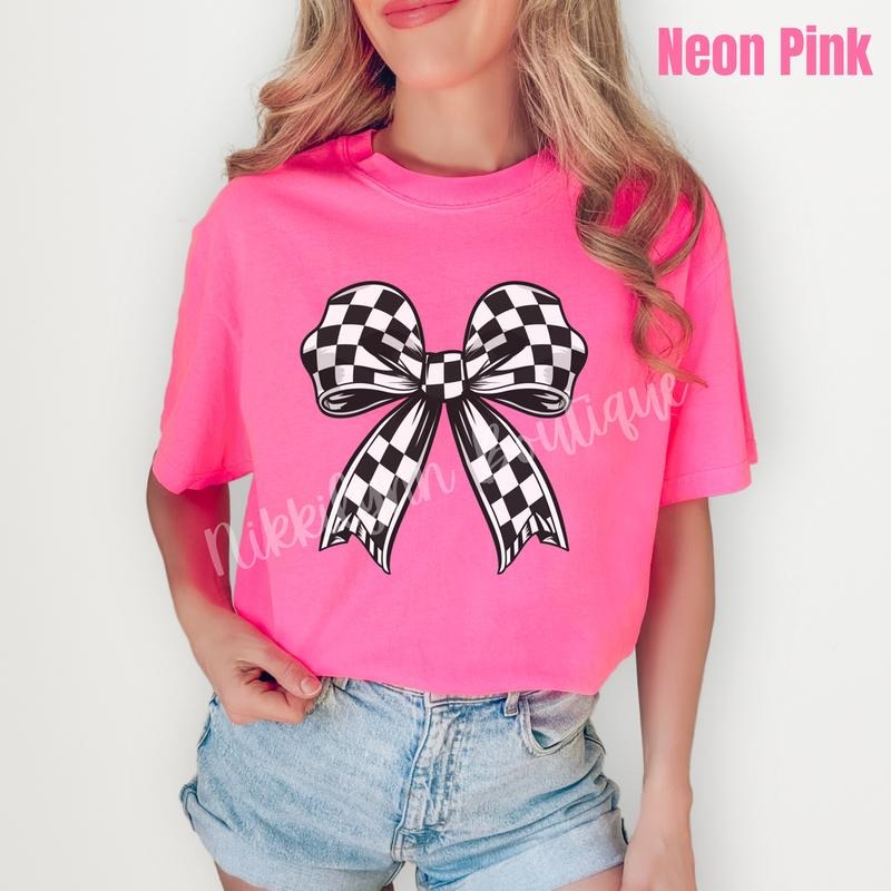 Black Checkered Bow Comfort Colors T-Shirt 'NLB'