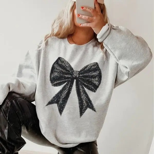 Black Hippie Style Coquette Bow Graphic Printed Sweater, Black Ribbon, Coquette Bow Lovers, Soft Girl, Soft Mom Era Shirt