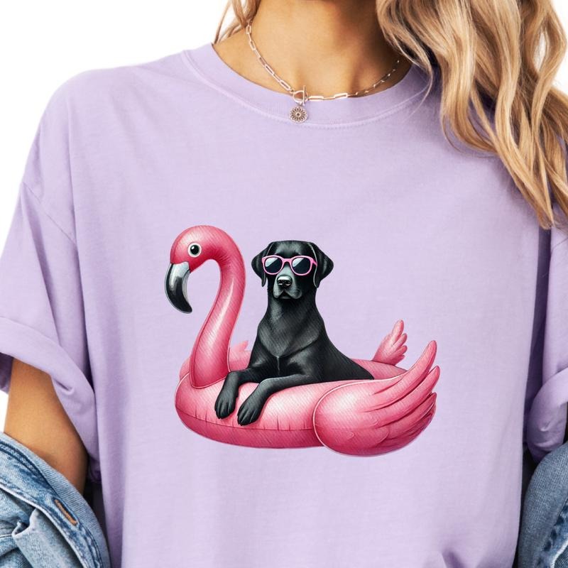 Black Lab Flamingo Float Dog Shirt ~ Unisex Apparel Relaxed Fit Printed In The USA Clothing Womenswear Casual Comfort Cotton Top Athletic Boho Chic