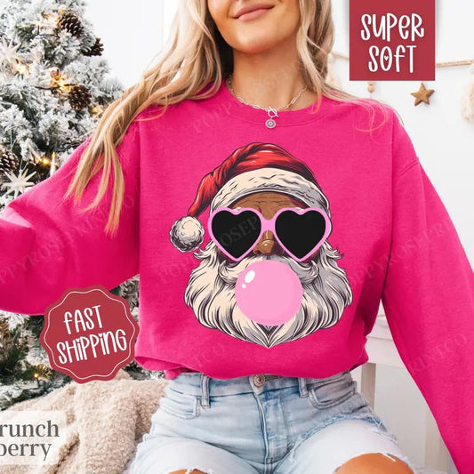 Black Santa Bubble Sweatshirt, Merry Christmas Sweater, Women's Holiday Crewneck funny santa